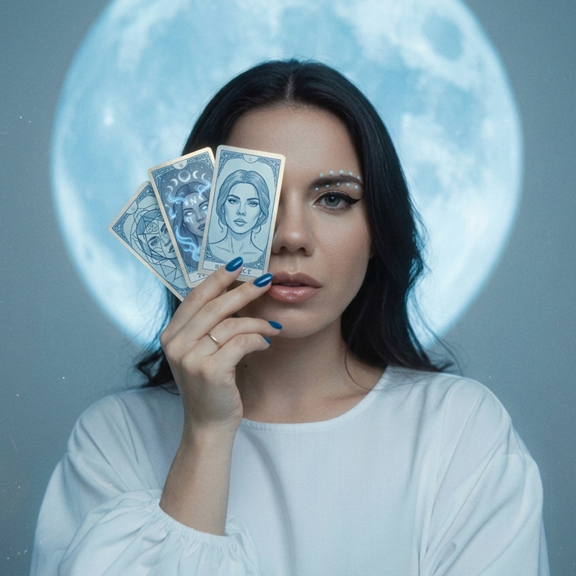 3D rendered portrait of a woman with long platinum white hair standing in a field of white tulips against a pale blue sky with a full moon. She wears a white high-neck lace dress with an oversized sculptural floral ruffle on one shoulder. The overall mood is ethereal and dreamlike.