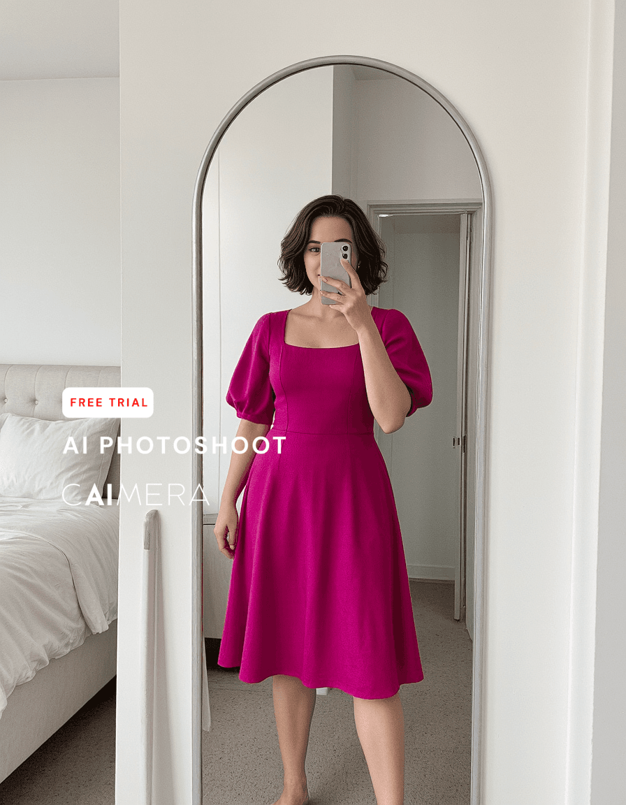 A mirror selfie featuring a vibrant magenta dress with puff sleeves and square neckline in a bright, minimalist bedroom setting.