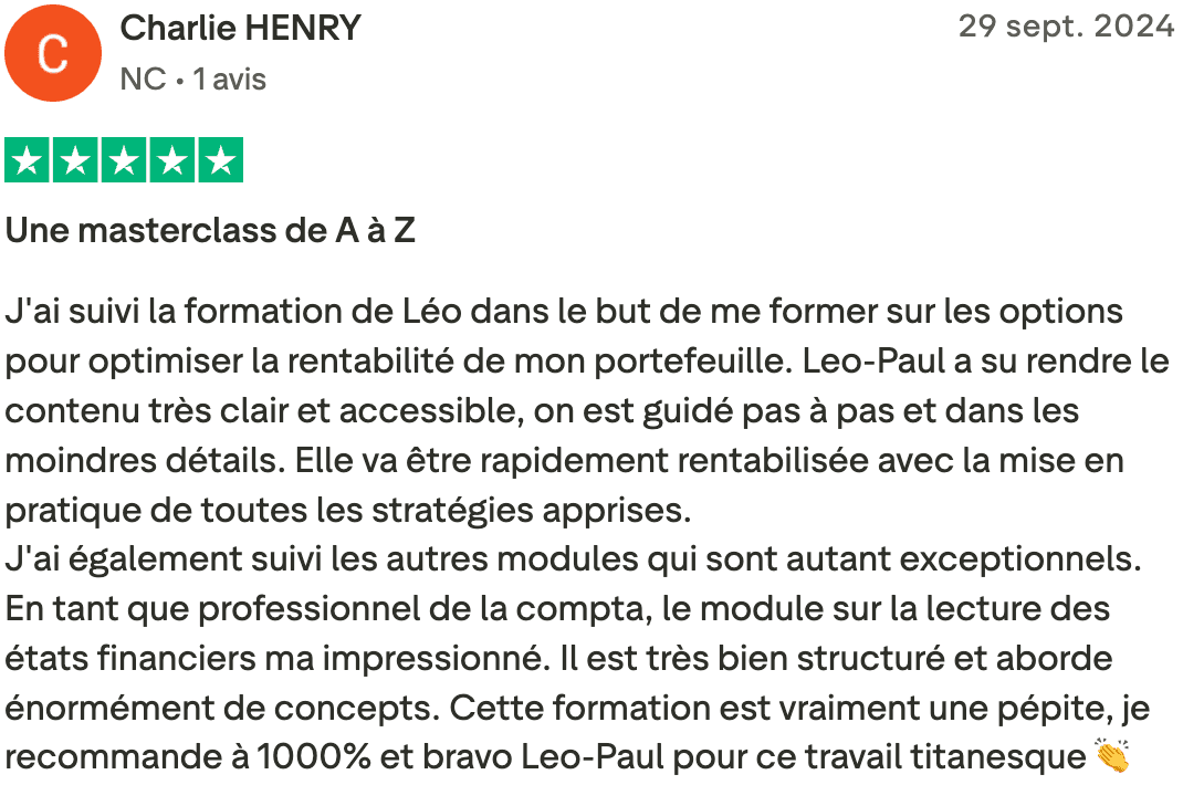 Avis Trustpilot 5 étoiles – Charlie Henry, Nouvelle-Calédonie, formation bourse et options complète avec coaching Léo-Paul