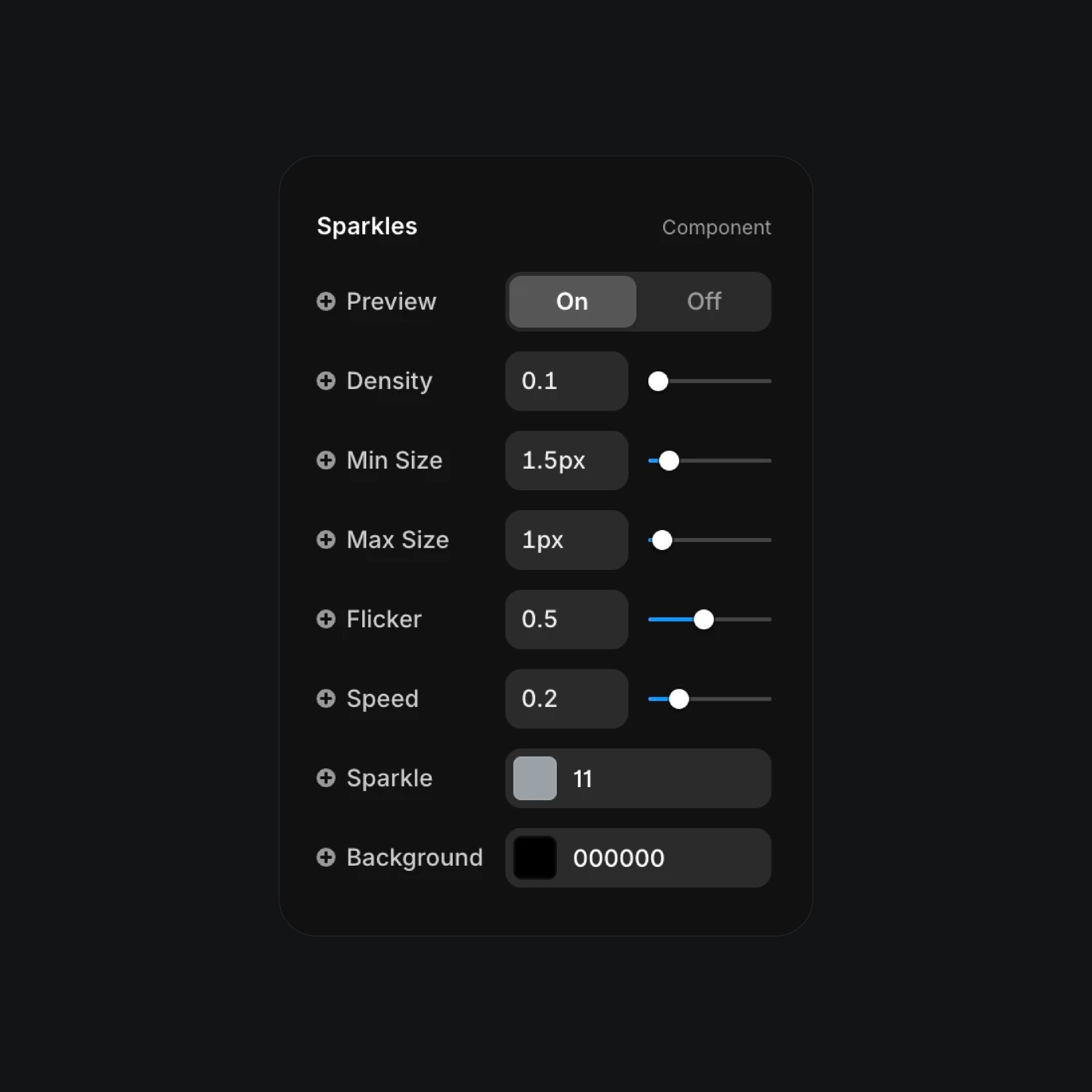 Sparkles effect settings panel with sliders on dark background
