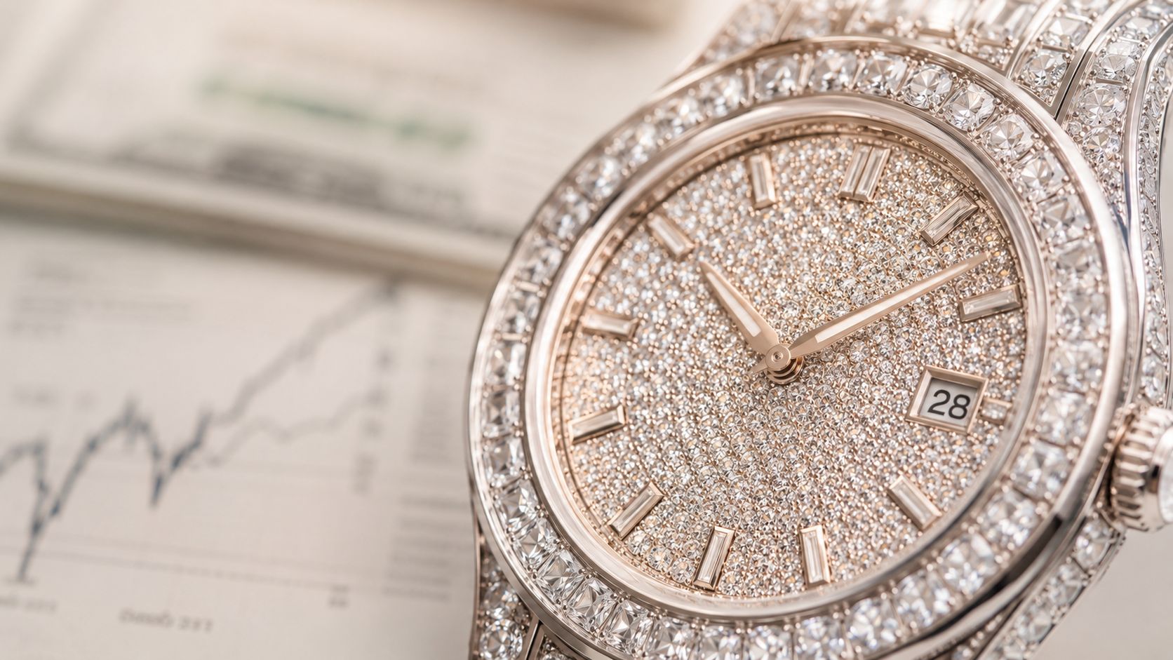 A close-up view of a luxury watch encrusted with VVS diamonds resting over financial stock market charts.