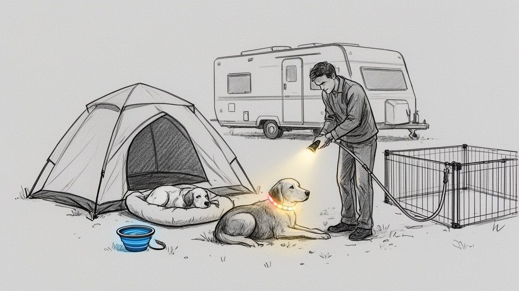 Man shines flashlight on dog with glowing collar at a campsite with tent and RV.
