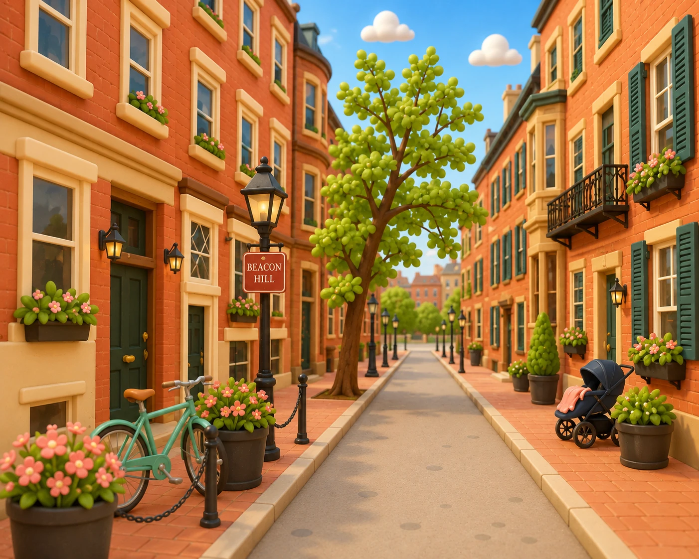 D brick street with historic townhouses, a parked teal bicycle, and a stroller.