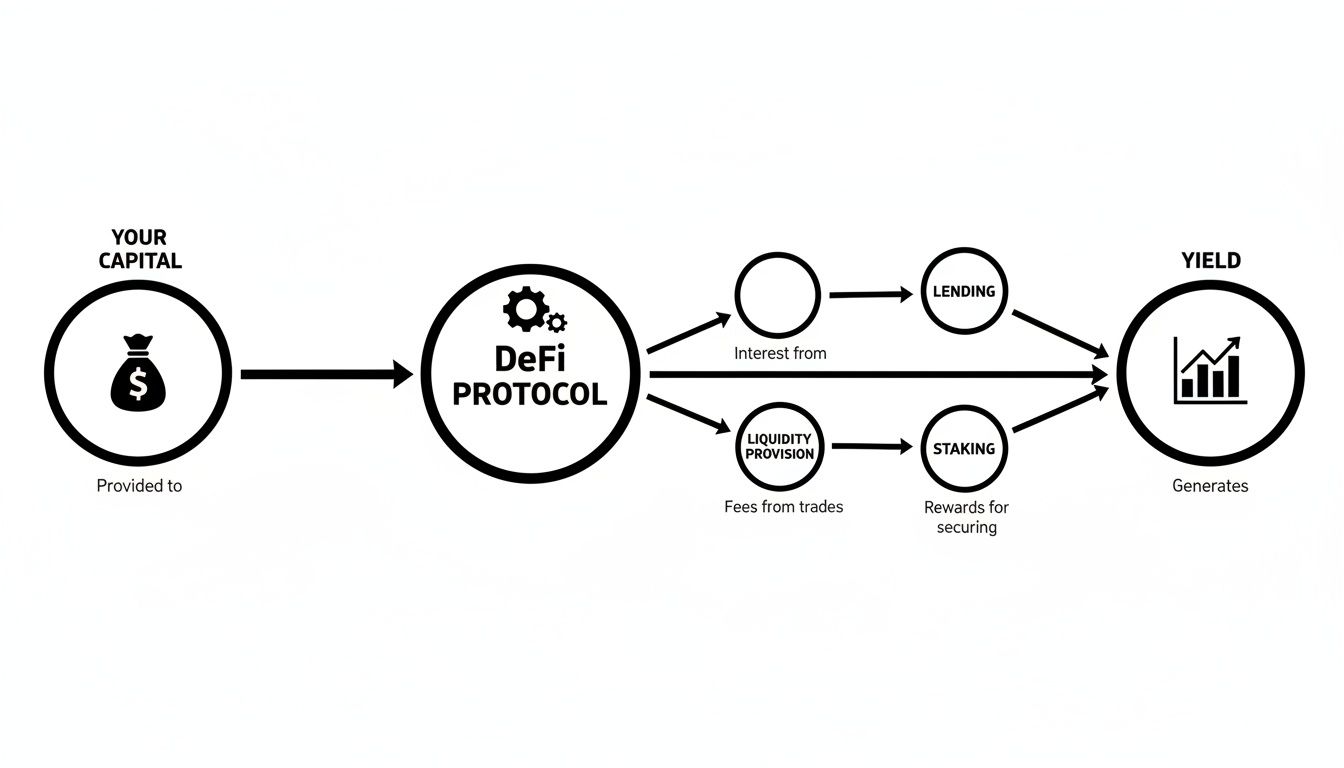 Diagram illustrating how capital enters a DeFi protocol for lending, liquidity, and staking to generate yield.
