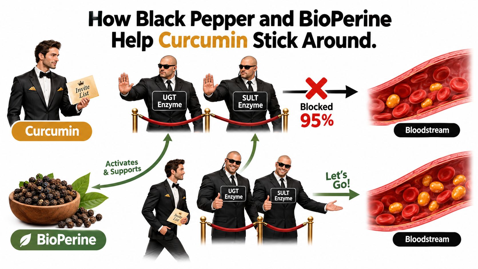 An infographic showing how BioPerine helps curcumin enter the bloodstream by inhibiting UGT and SULT enzymes.