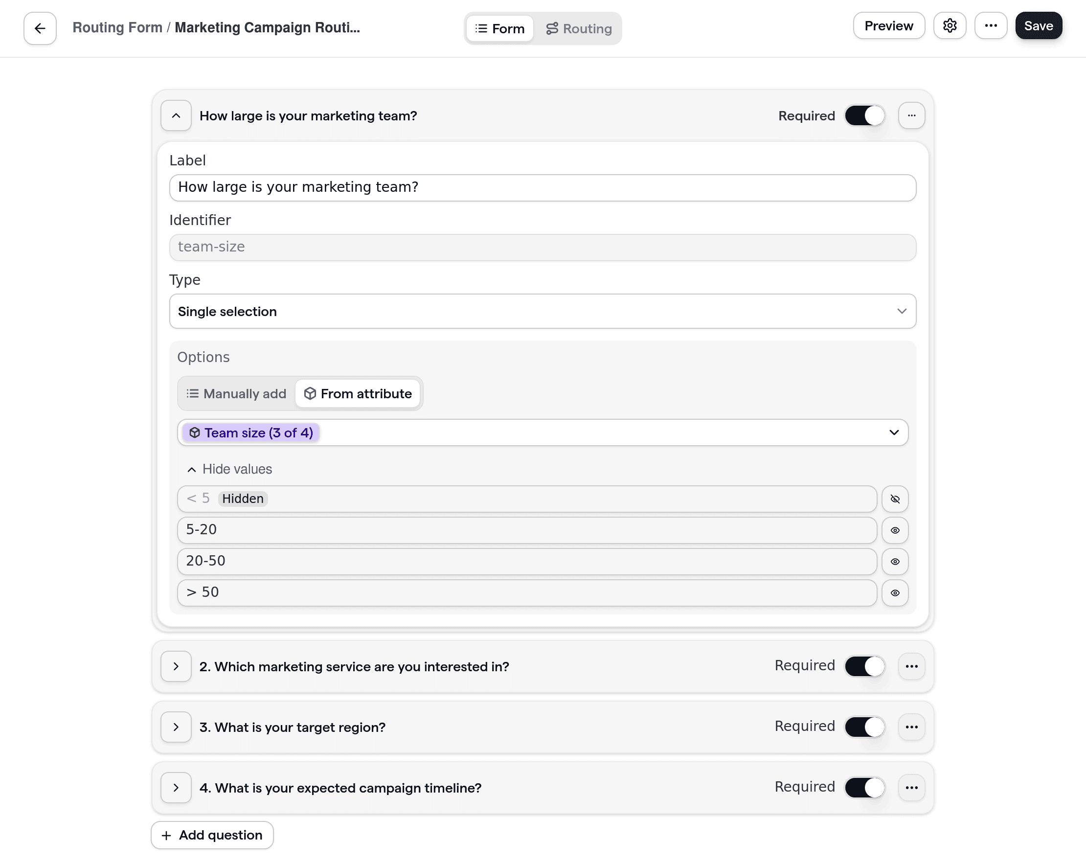 Cal.com routing form showcasing the creation of a customizable form with marketing-specific questions. The form allows teams to define options and require certain fields, demonstrating a flexible routing form for marketing teams.