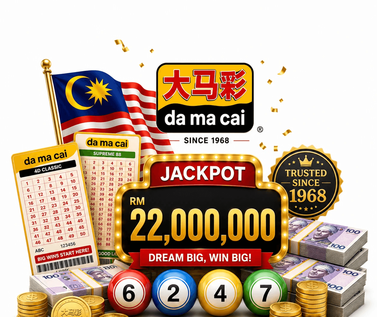 Da Ma Cai results, winning numbers, jackpot information and draw schedule for Malaysia's popular 4D lottery game.