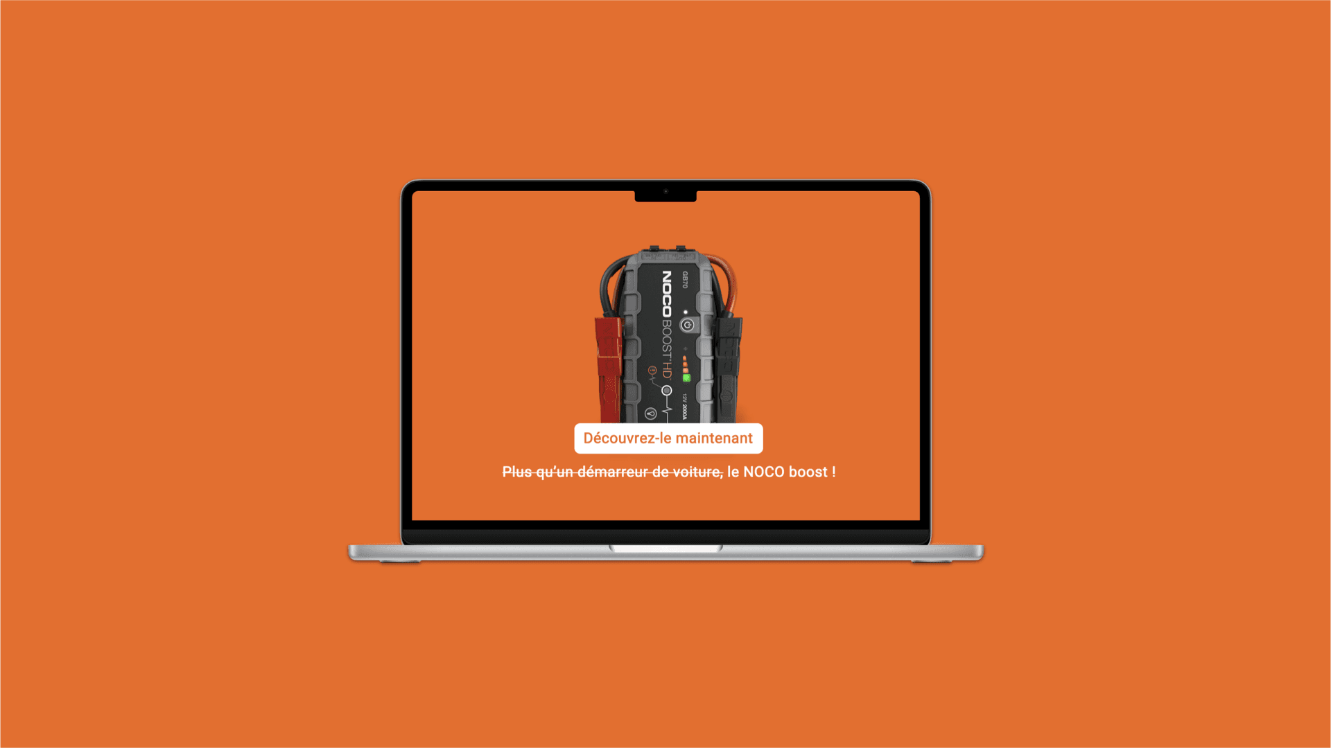 Animation visuelle vibrante sur fond orange, mettant en avant l’aspect technologique et pratique du NOCO Boost avec une phrase d’accroche invitant à découvrir le pro
