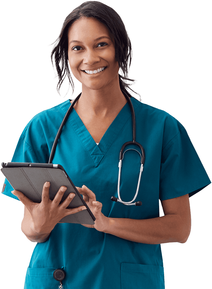 Smiling nurse in teal scrubs holding a tablet