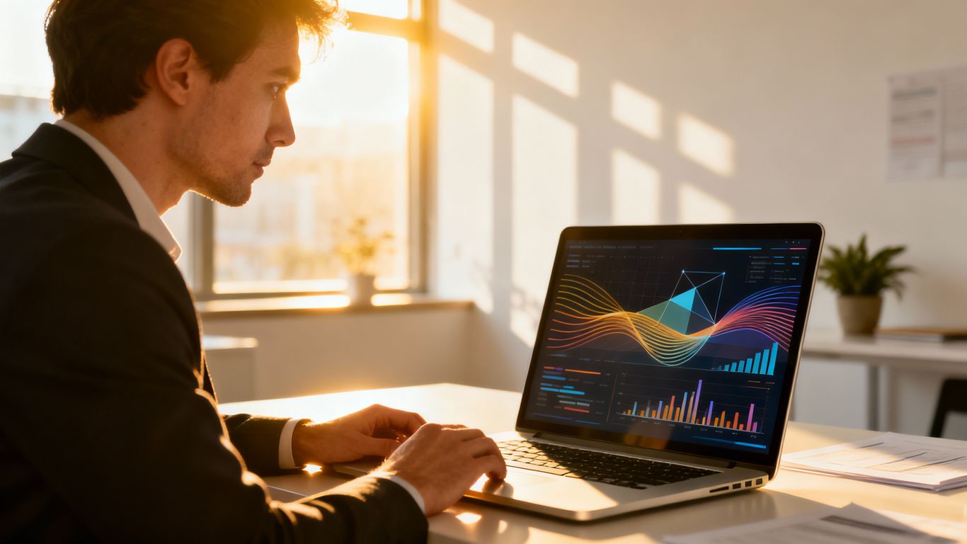 Professional analyzing data on a laptop screen.