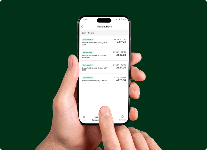 Two hands making a contactless payment. One hand holds a card reader, the other a smartphone displaying a $17.25 payment confirmation.