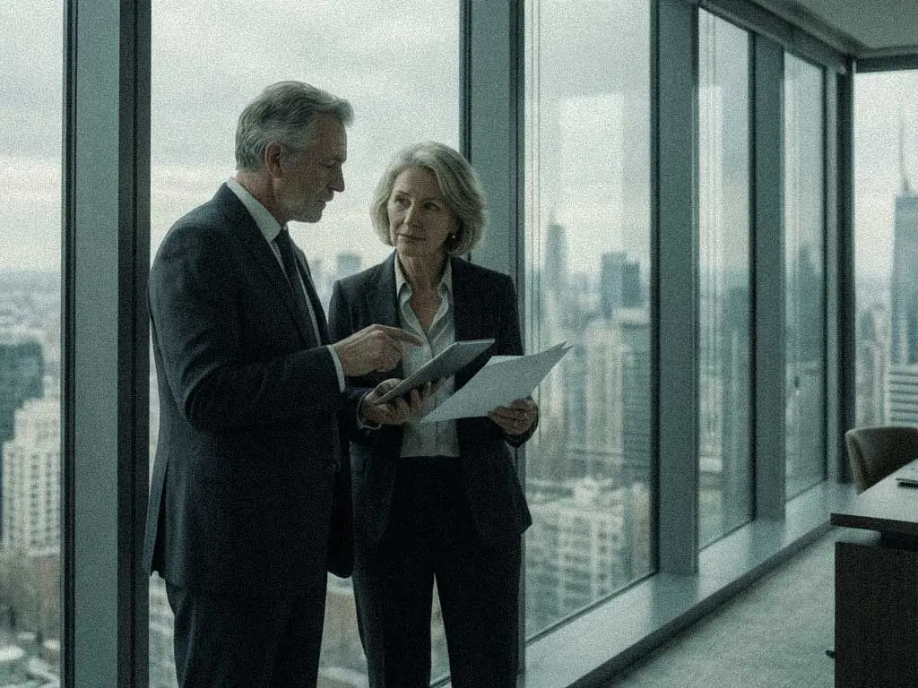 Two senior professionals in a high rise office overlloking the city and discussing strategy