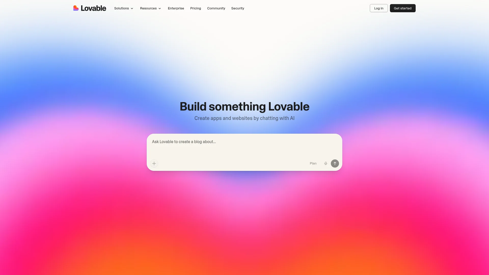 Lovable AI app builder homepage showing the prompt-to-app interface for generating full-stack web applications