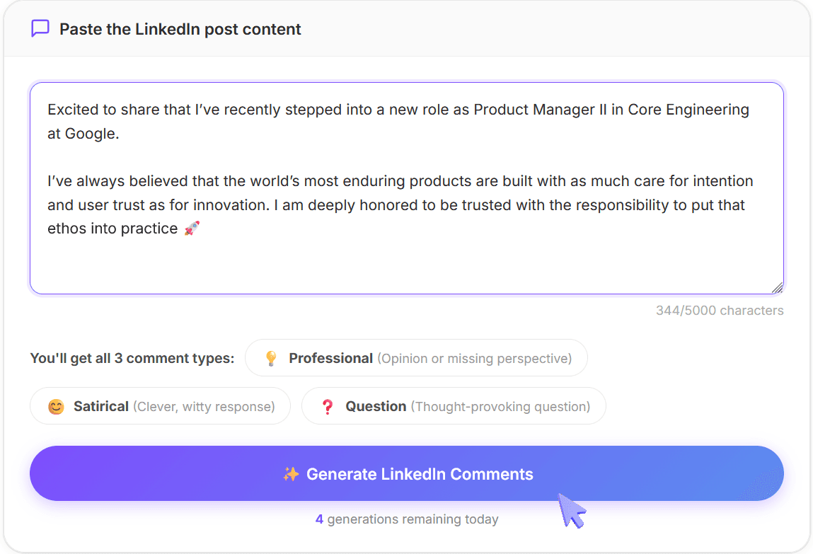 A screenshot of MagicPost's LinkedIn Comment Generator interface, with a cursor hovering over generate