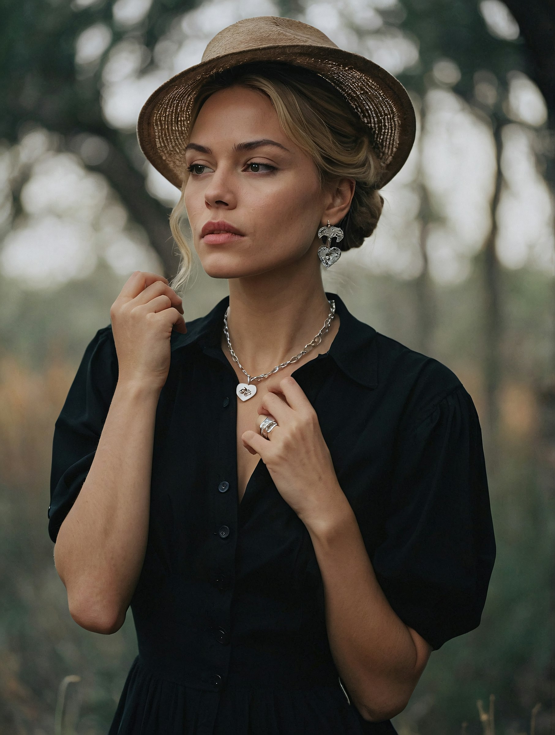 An aesthetic photo of a woman wearing a hat and a black blouse.