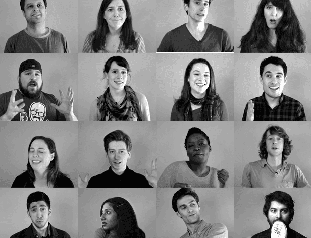 A grid of 16 black and white headshots of young adults, arranged in 4 rows and 4 columns. Each person has a unique expression and pose.