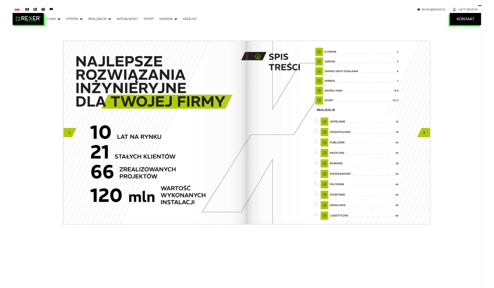 Projekt layoutu strony korporacyjnej dla branży inżynieryjnej – prezentacja kluczowych statystyk firmy (infografika liczbowa) i typografii.