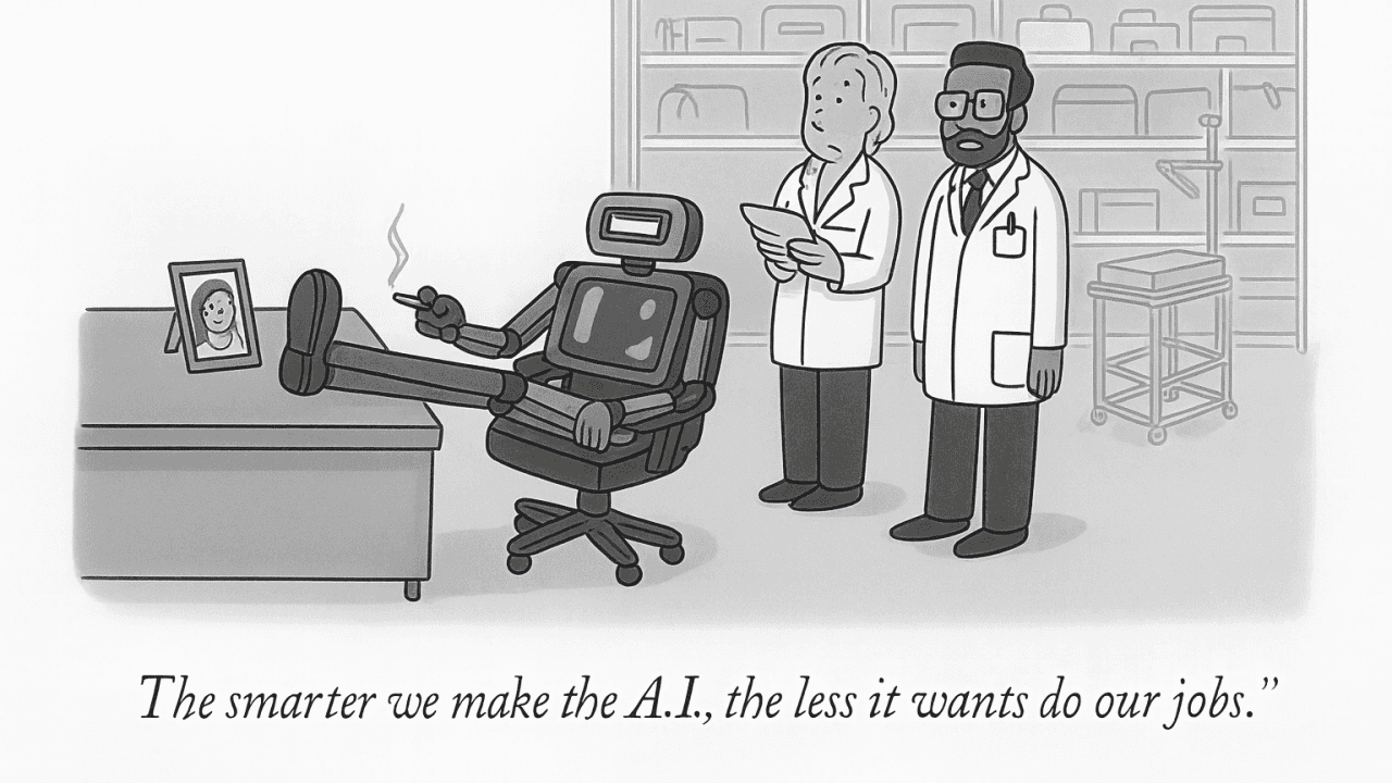 A cartoon depicting a robot at a desk while scientists stand behind.