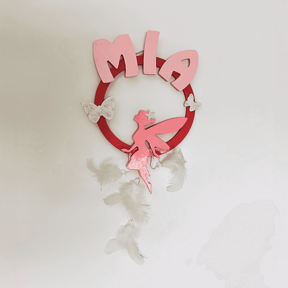 Cadre "Mia" personnalisé rose avec des plumes.