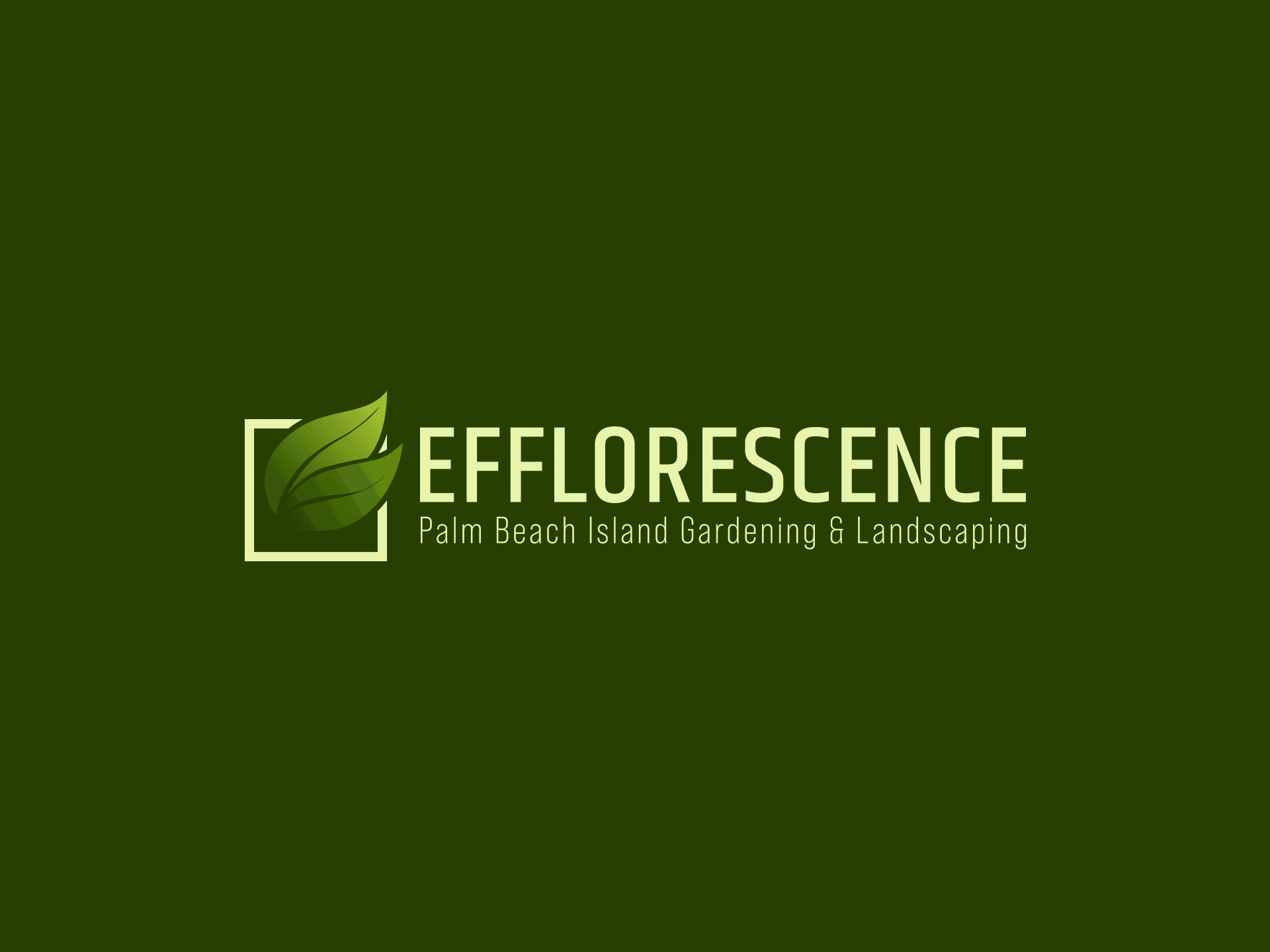 Efflorescence gardening logo with green leaf icon and serif wordmark on dark green background.