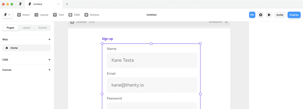 Framer dashboard showcasing Thenty's login and password reset components

