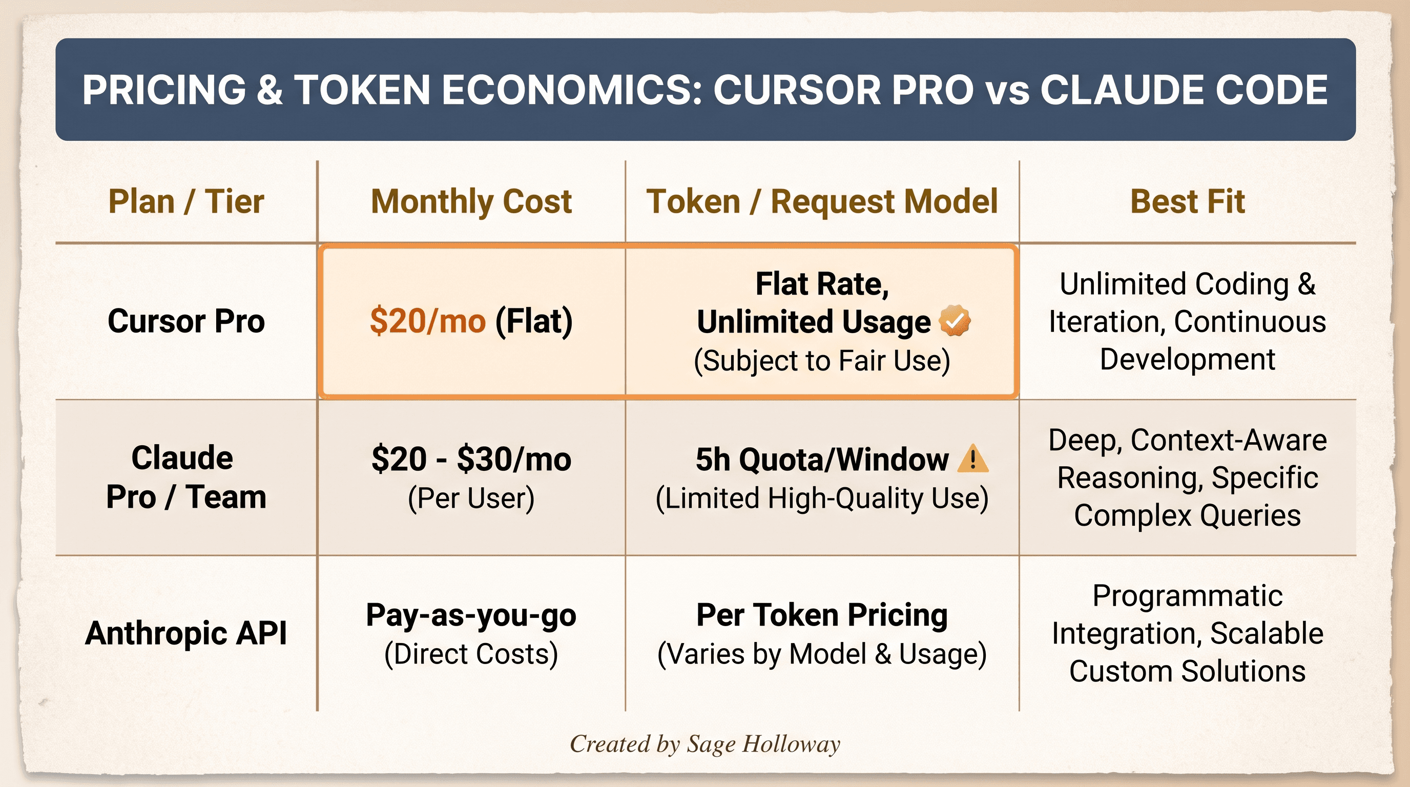 Cost and subscription comparison table for Cursor Pro vs Claude Code API