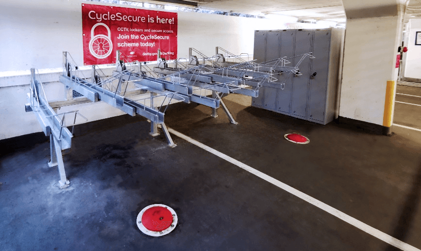 Cycle parking racks inside the CycleSecure unit at Bold Lane Car Park in Derby.