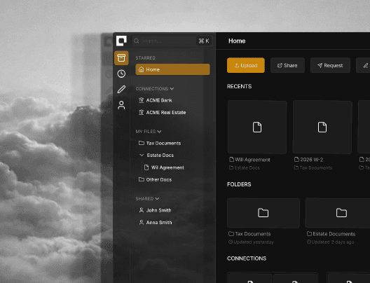 A close-up of a dark-themed document management interface focused on the left sidebar and part of the main dashboard. The sidebar includes a search bar at the top and sections labeled Starred (with “Home” highlighted), Connections (showing ACME Bank and ACME Real Estate), My Files (including Tax Documents, Estate Docs, Will Agreement, and Other Docs), and Shared (with contacts like John Smith and Anna Smith). To the right, part of the main “Home” screen is visible with buttons such as “Upload,” “Share,” and “Request,” along with a “Recents” section displaying document tiles. The UI uses black and gray tones with a gold highlight accent, set against a soft grayscale cloud background.