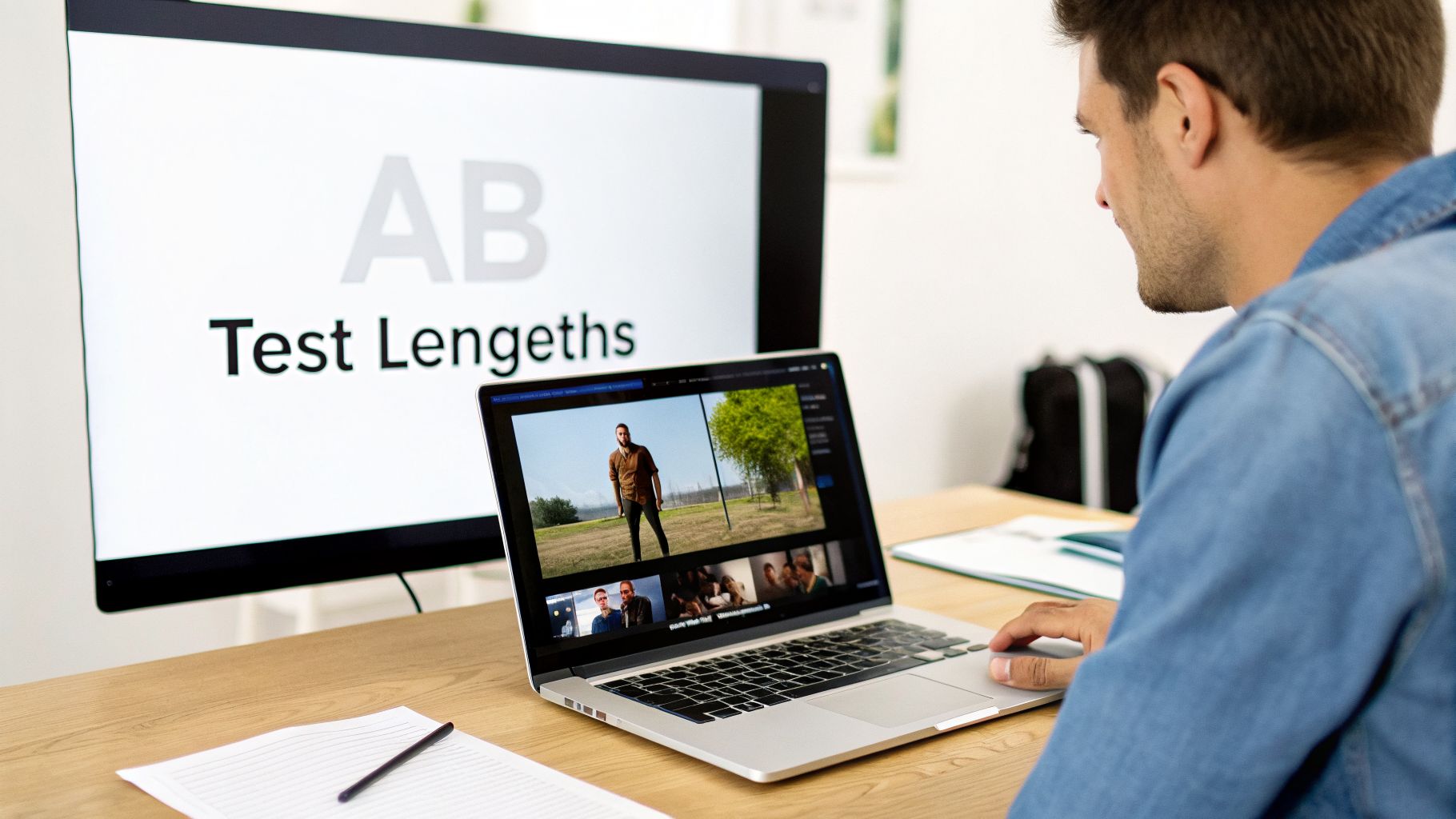 Man in blue denim shirt editing videos on a laptop, with a large monitor displaying 'AB Test Lengths'.