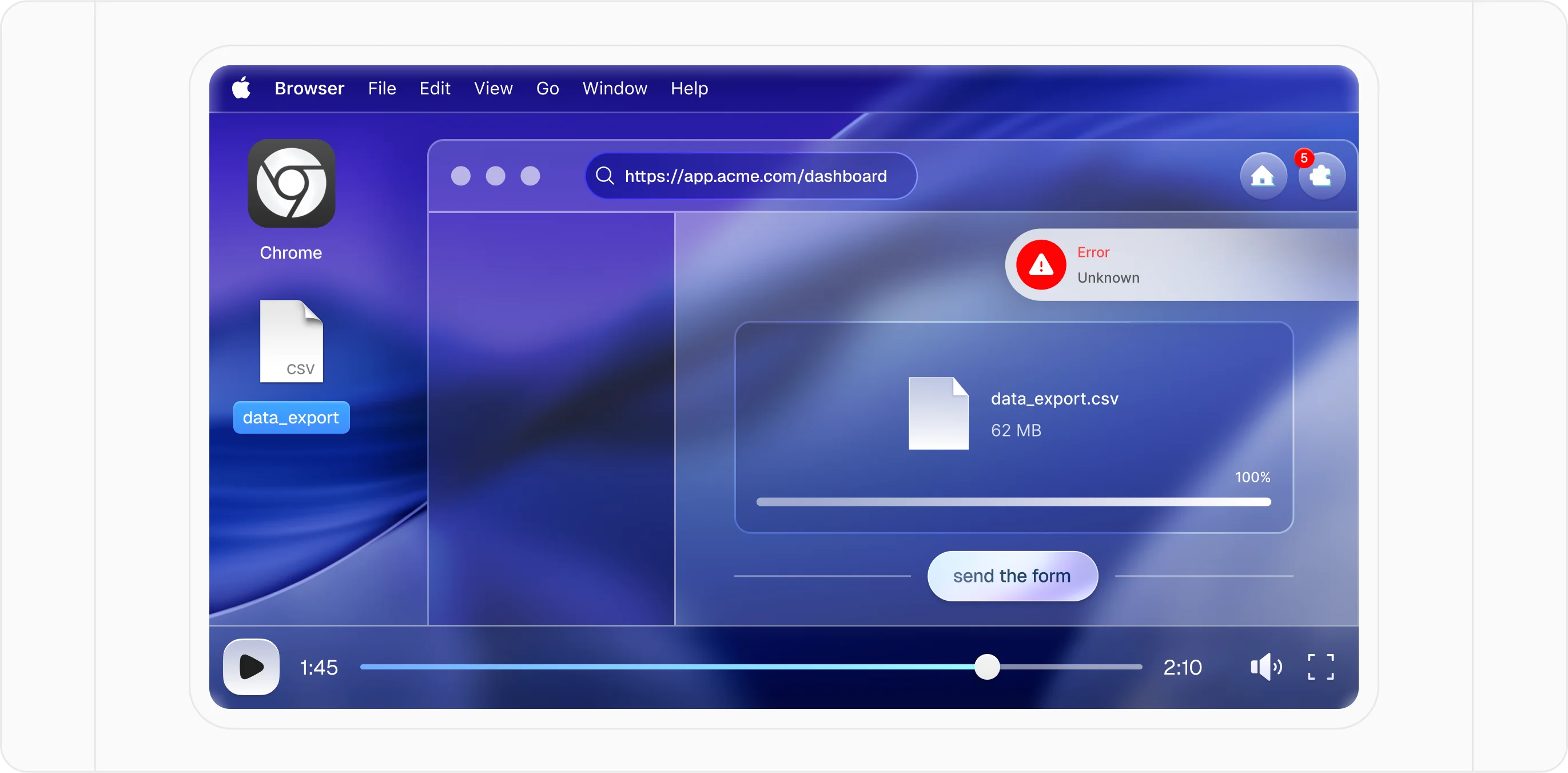 A sleek Birdie interface displayed within a browser, showcasing a data export process with a subtle error notification.