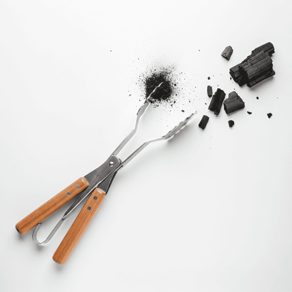 An overhead view of barbeque tongs next to pieces of charcoal.