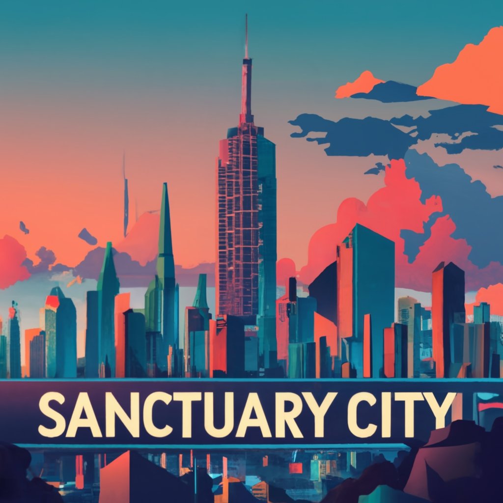 A cityscape with overlay text 'Sanctuary City'