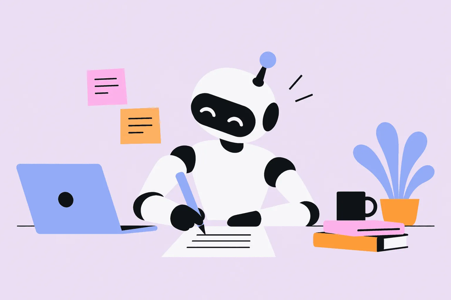 Illustration of a robot writing with a pen on paper