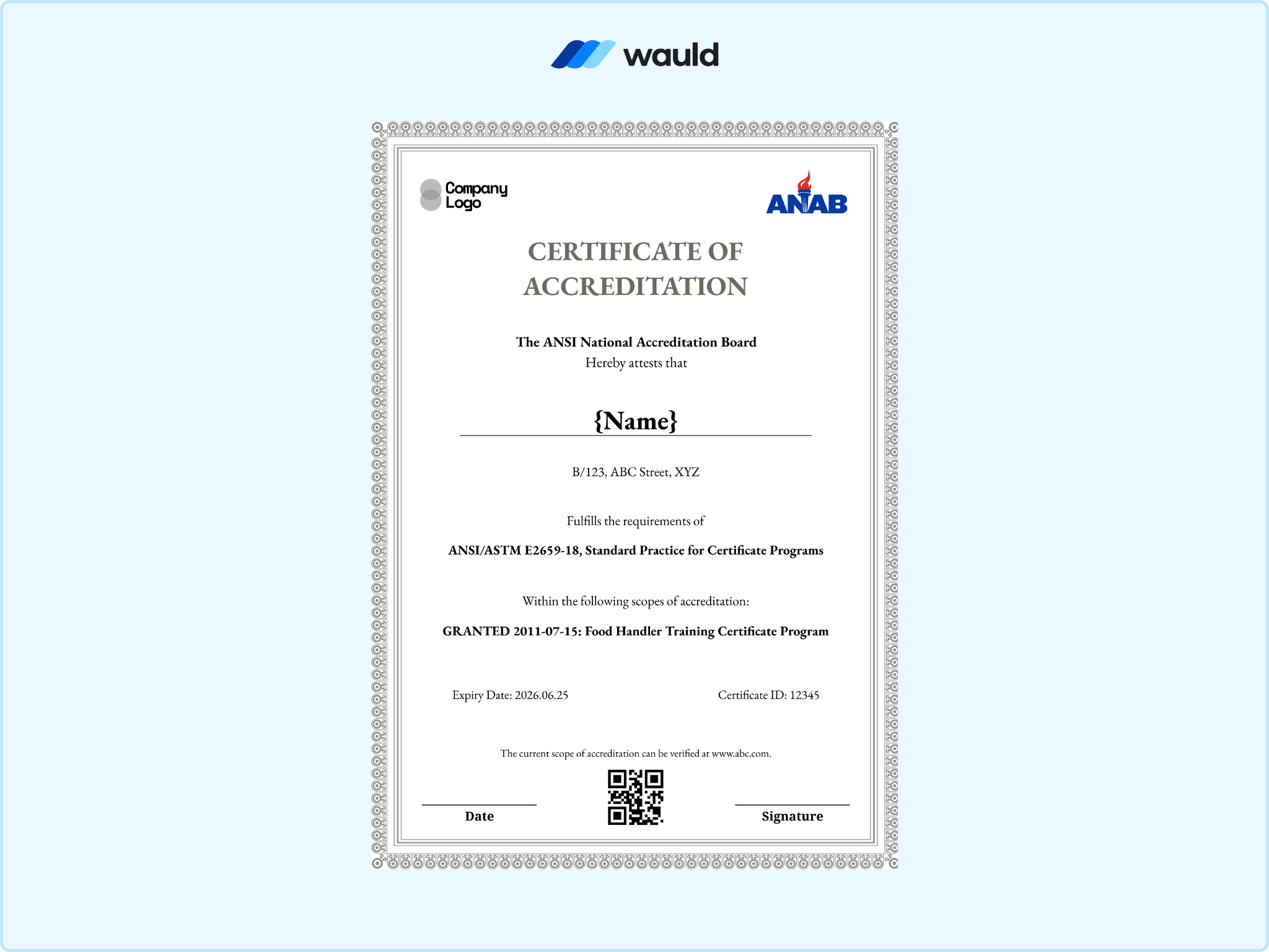 Clean silver bordered certificate of accreditation template with recipient name field, accrediting board details, standard practice reference, granted scope, certificate ID, expiry date, QR code, and signature line