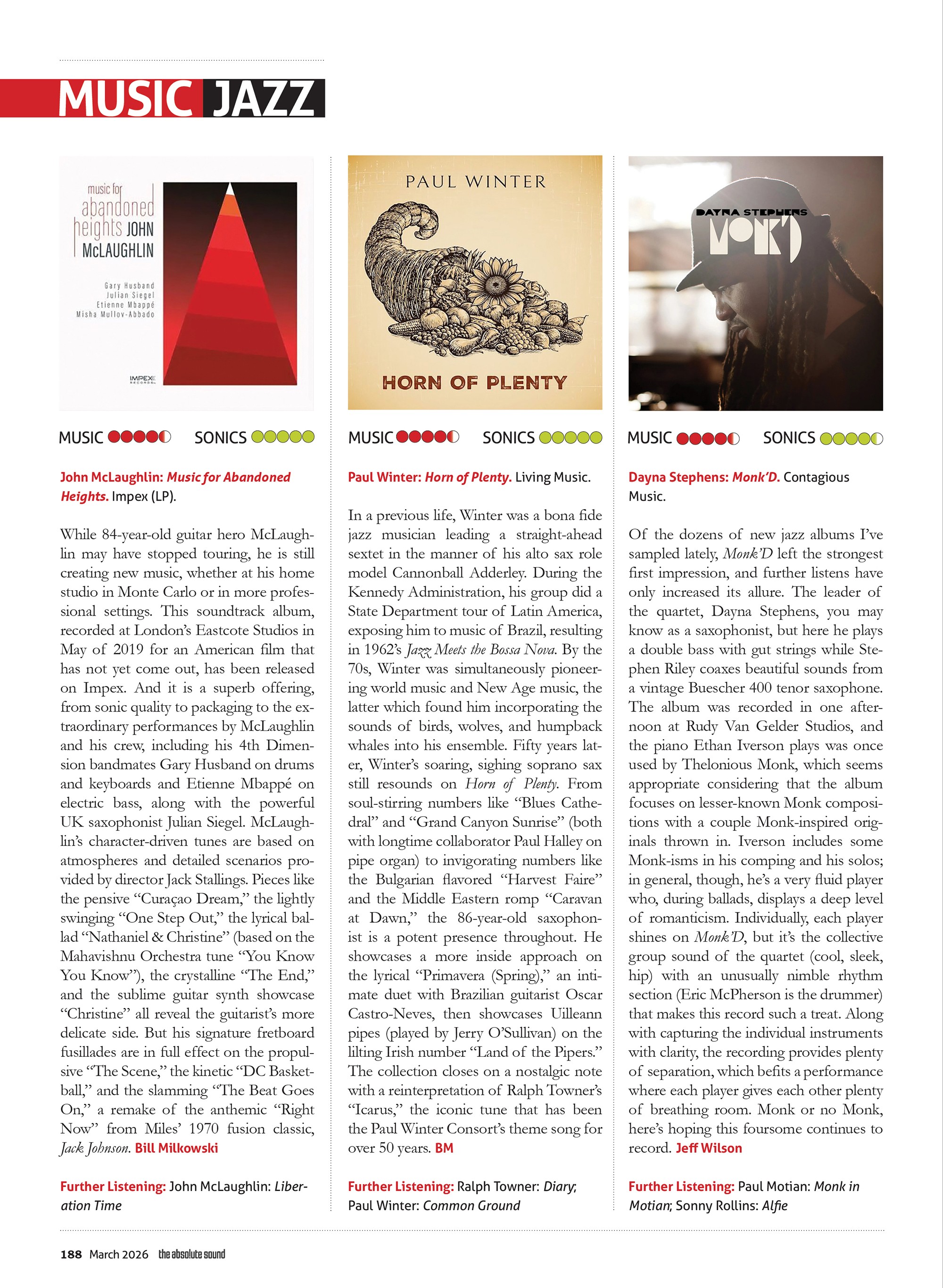 Page layout for The Absolute Sound magazine's music review pages, by October Custom Publishing