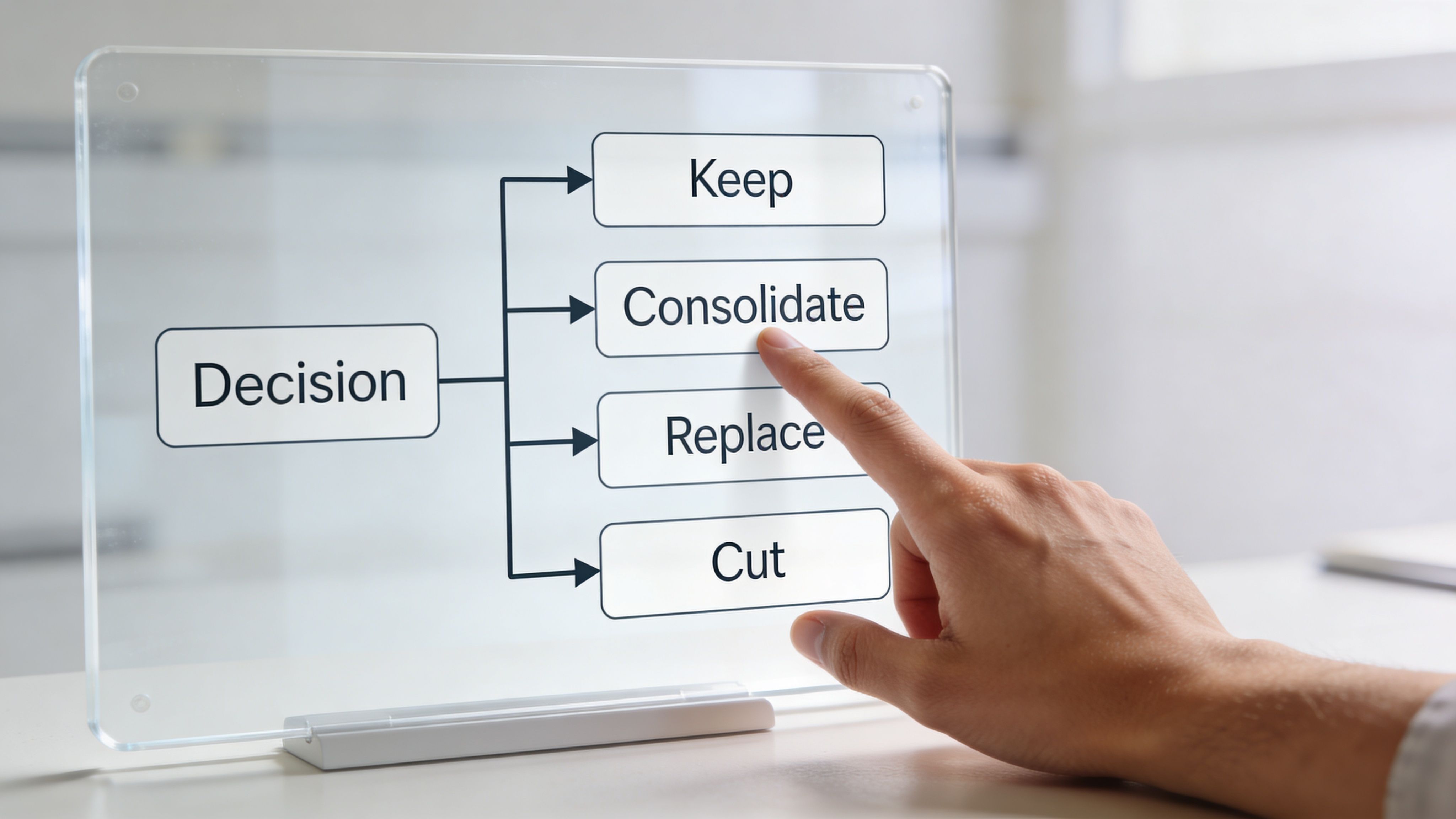 A hand touching a transparent screen displaying a decision-making flowchart with options to keep, consolidate, replace, or cut.