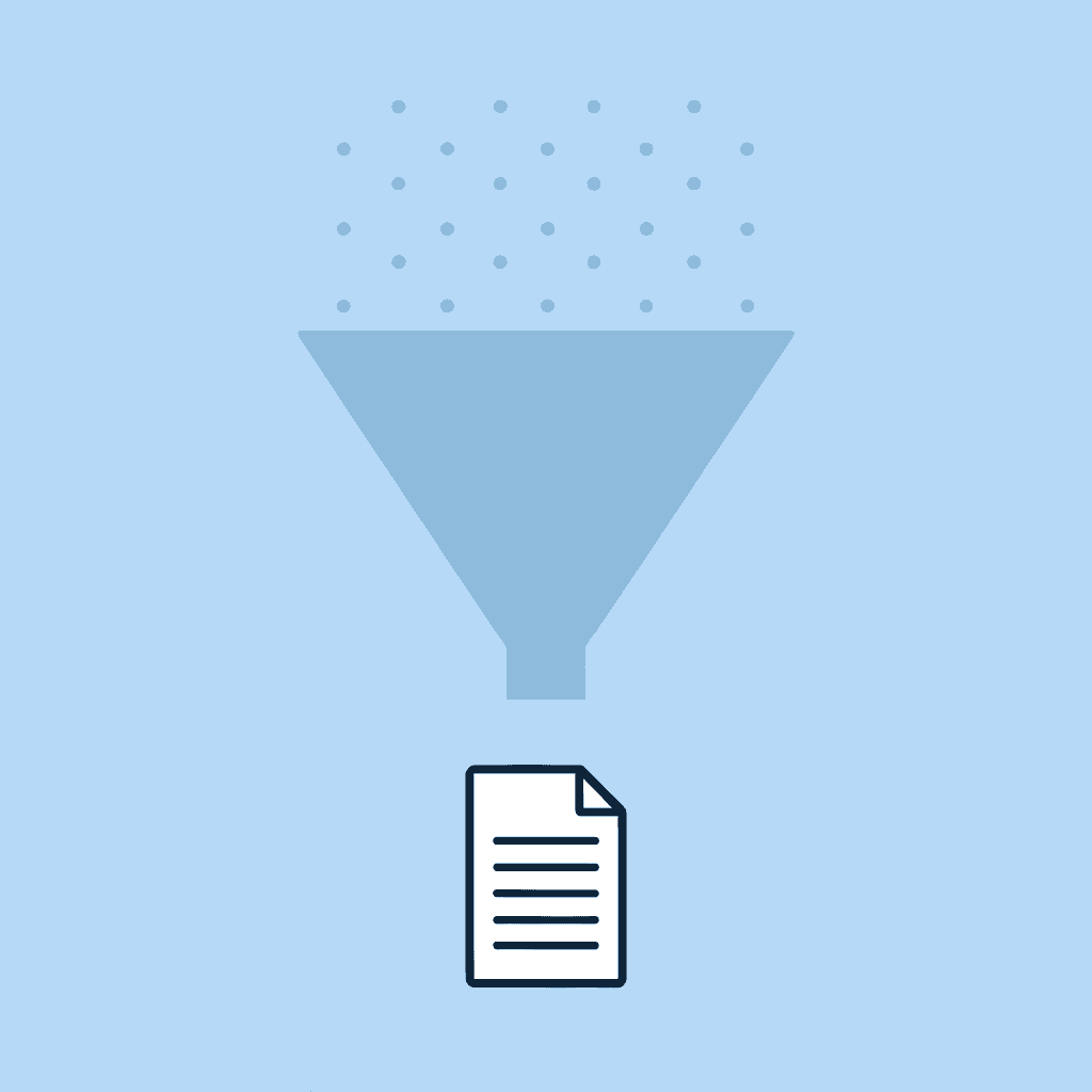 Funnel diagram showing documents entering at top, filtered through error detection and prioritization, with key issues emerging at bottom