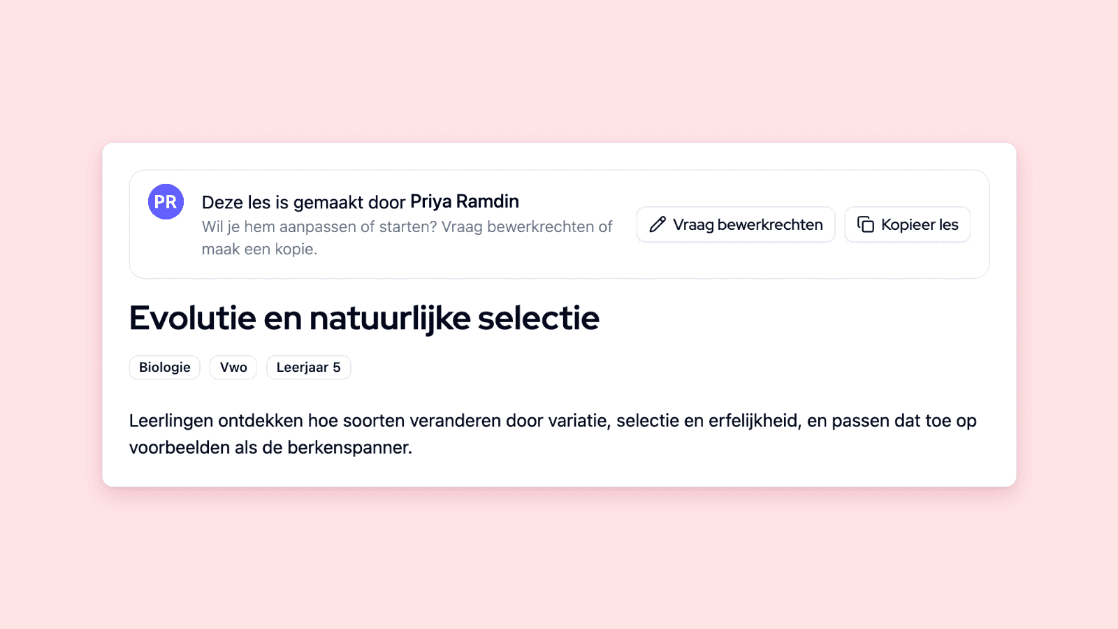 Lespagina van een collega met de knoppen Vraag bewerkrechten en Kopieer les