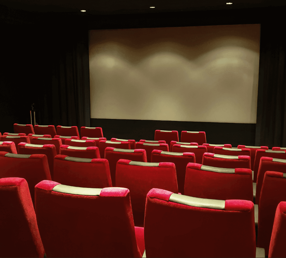 Empty cinema screening room with red velvet seats facing a large blank screen, prepared for a climate and nature briefing event.