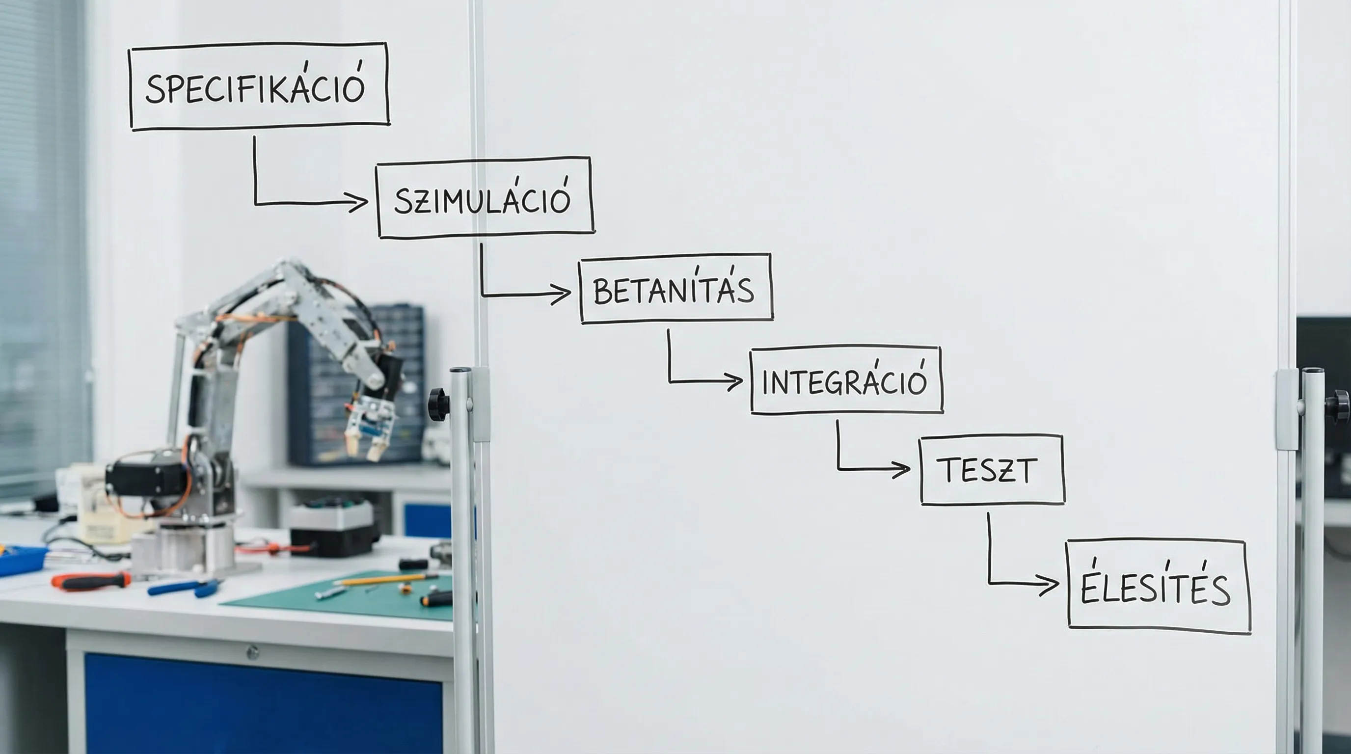 Egyszerű folyamatábra a robotprogramozás lépéseiről: specifikáció, szimuláció, betanítás, integráció, teszt és élesítés.