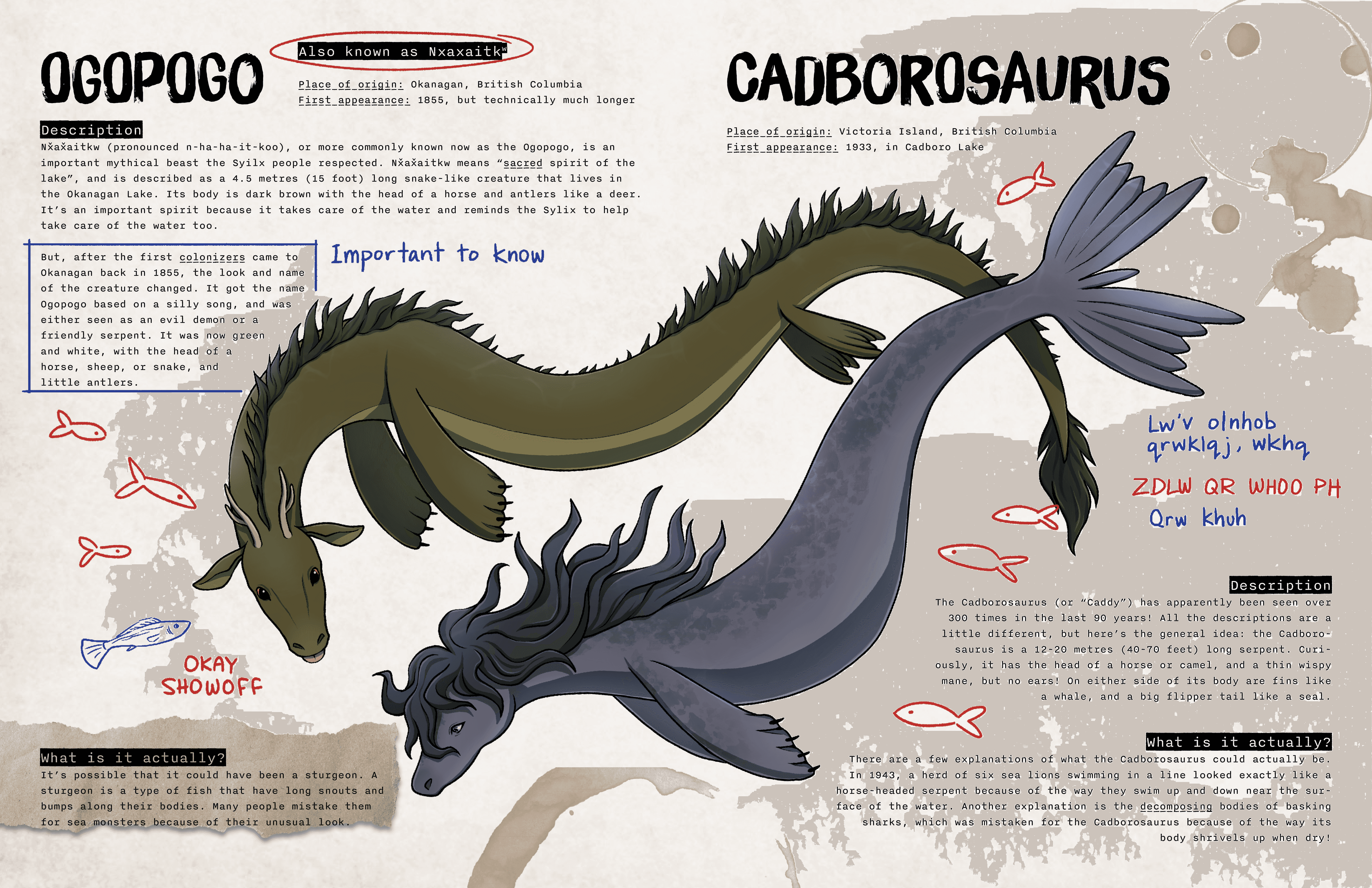 Two page info spread of the activity book, featuring the Ogopogo and the cadborosaurus