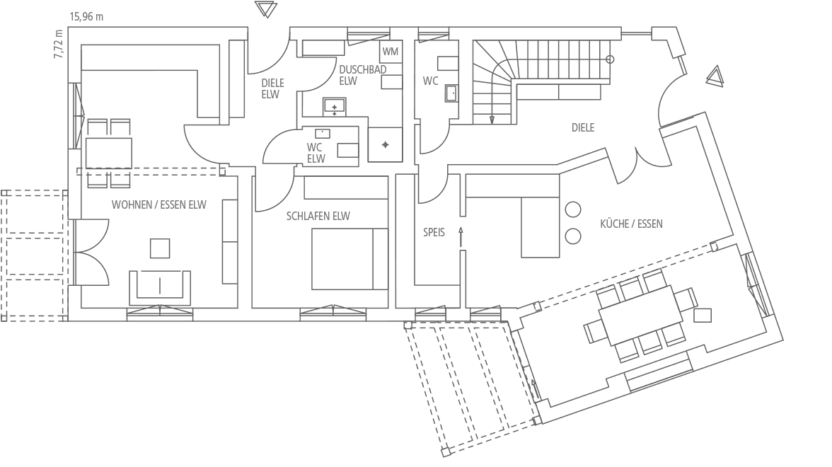 Grundriss im Linienstil mit Wohnen/Essen (ELW), Diele, Schlafzimmer (ELW), Duschbad, WC und Küche/Essen sowie Außenbereich.
