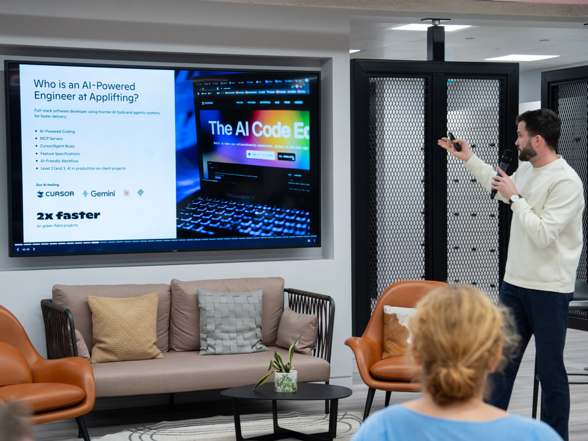 Presentation on AI-powered engineers using tools like Cursor and Gemini to accelerate software development workflows.