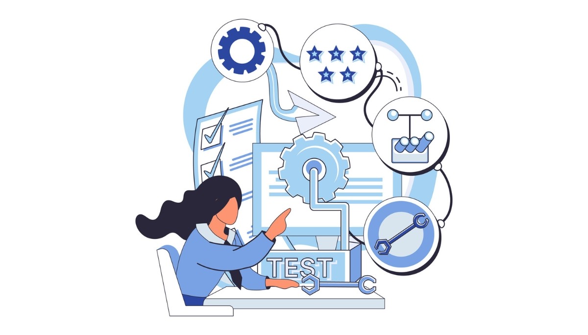 Illustration of a professional pointing to a computer screen labeled "TEST," surrounded by icons for checklists, gears, graphs, and tools.