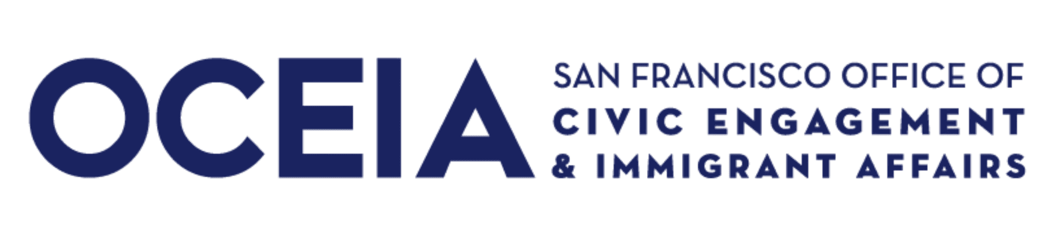 Logotipo do Escritório de Engajamento Cívico e Assuntos de Imigrantes de São Francisco, apresentando o acrônimo "OCEIA" em letras azuis em negrito ao lado do nome completo da organização.