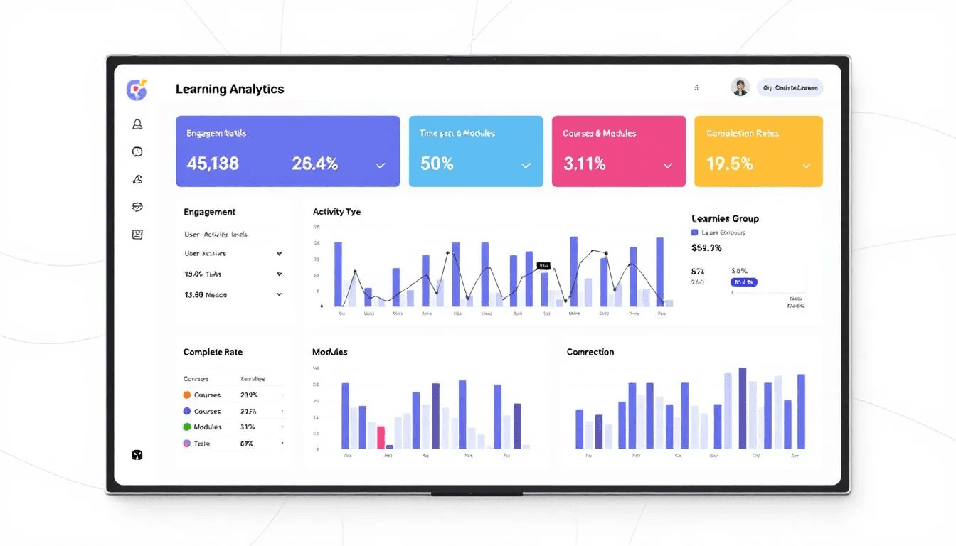 Le tableau de bord d'analyse d'apprentissage présente des métriques d'engagement et des taux d'achèvement, illustrant ainsi l'impact du micro apprentissage sur les apprenants. Ce format permet aux utilisateurs de suivre leur progression dans les modules courts de formation professionnelle.
