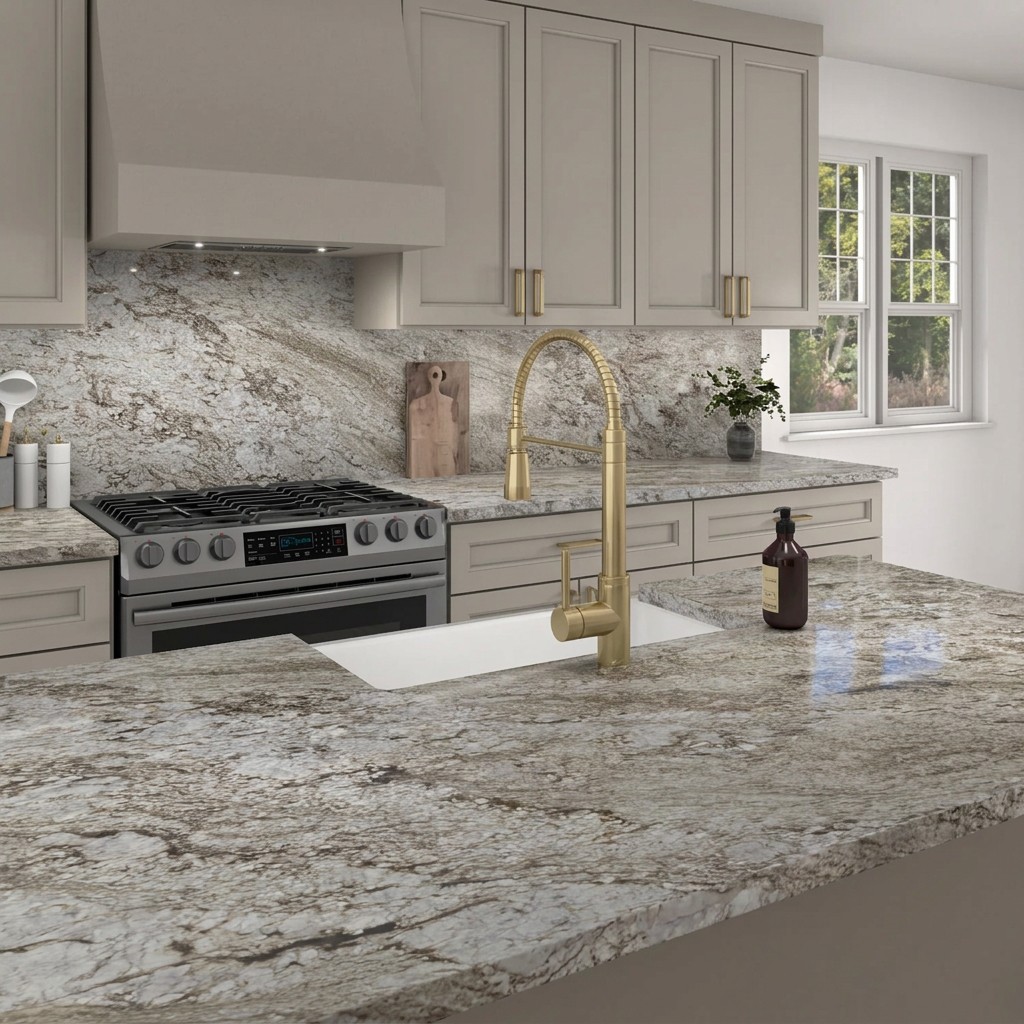 Blue Dunes granite countertop and full-height backsplash with swirling silver, white, charcoal and brown tones beside taupe cabinets and a brass faucet