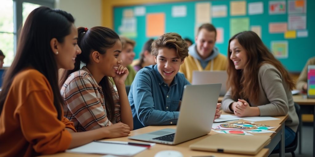 Students collaborating on a laptop in a classroom setting.