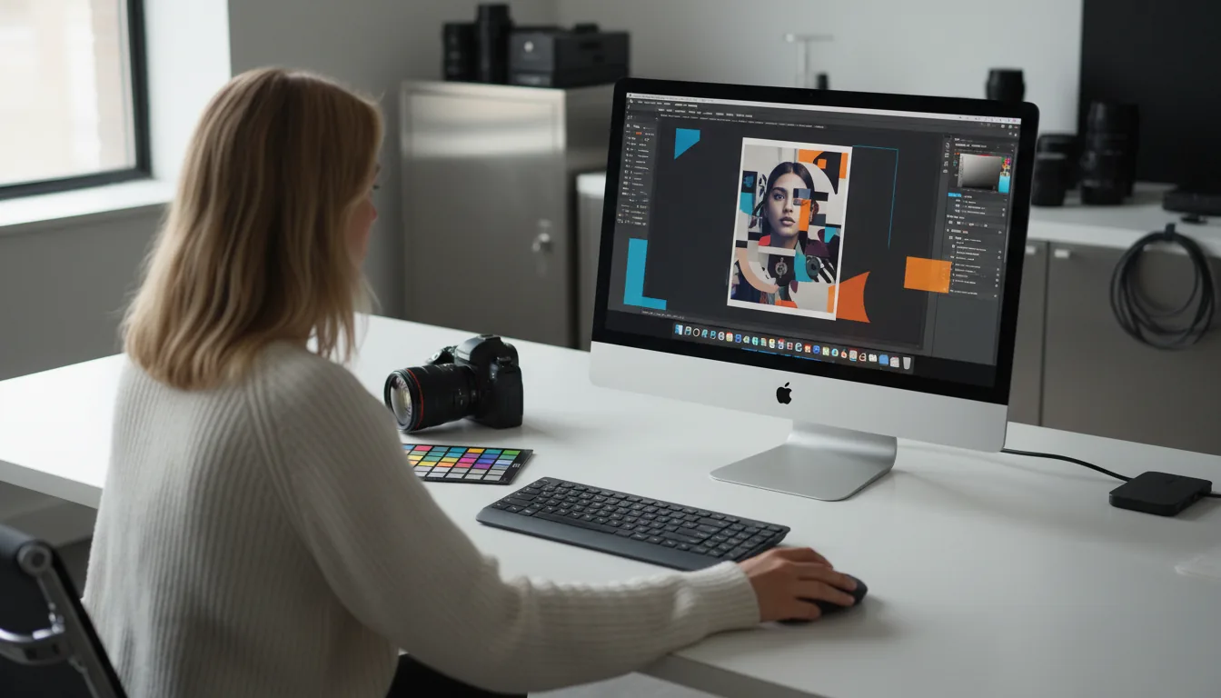 DSLR photograph, over-the-shoulder shot of a female graphic designer with blonde hair working at her desk in a bright, modern studio. The desk setup includes a silver Apple Mac Studio and an Apple Studio Display monitor. The monitor displays the Adobe Photoshop interface in dark mode, showing a vibrant, colorful portrait photograph being edited, with abstracted UI toolbars on the sides. On the clean white desk are a dark gray keyboard, a mouse, a color calibration chart, and a professional camera. The scene is lit with soft, natural daylight from a window. The background is slightly blurred with a shallow depth of field, revealing a metal cabinet and photography gear.