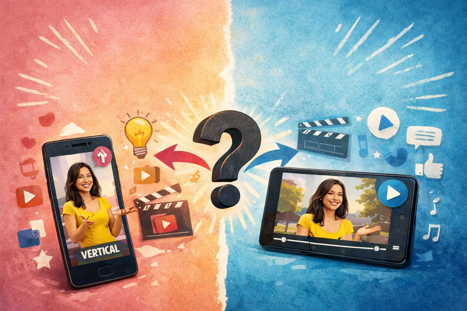 A question mark divides a colorful image, featuring a smartphone on the left displaying a portrait video surrounded by social media icons, and a smartphone on the right showing a landscape video, symbolizing the choice between vertical and horizontal video formats.